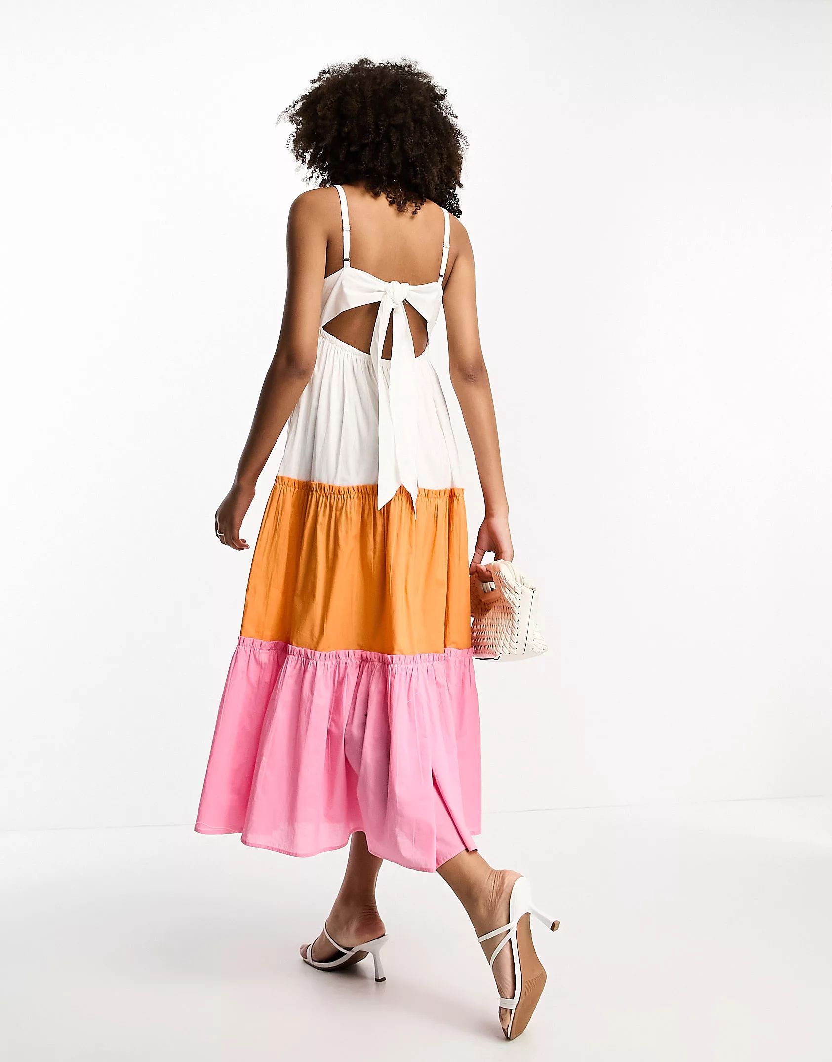 River Island contrast tiered midi beach dress with tie back in white | ASOS | ASOS (Global)