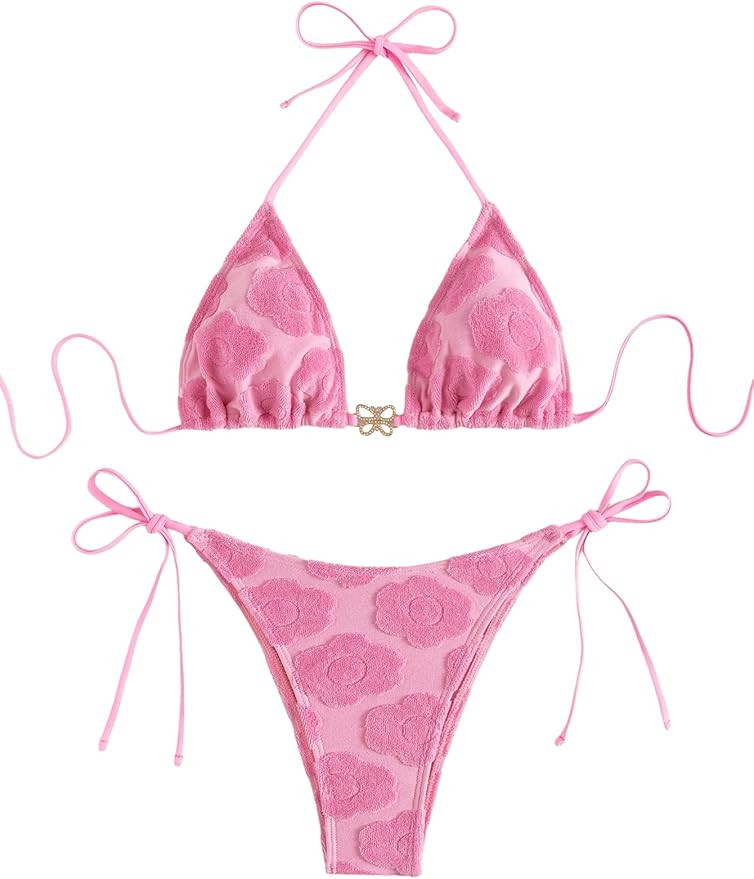 Cozyease Women's 2 Piece Floral Bikini Sets Smocked Drawstring Side Triangle Halter Sexy Cute Swi... | Amazon (US)