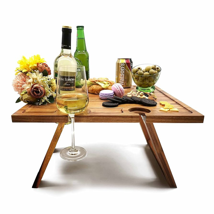 Portable Wine Picnic Table, Acacia Wood, Larger Tray Foldable, Charcuterie Board, Wine Gift, Deco... | Amazon (US)