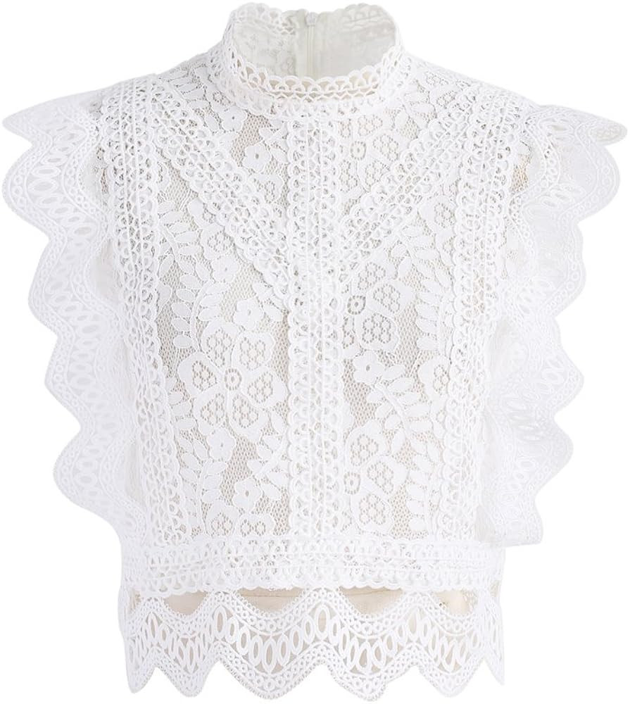 CHICWISH Women's White/Black Falling Leaf Full Lace Crochet Round Neck Sleeveless Crop Top | Amazon (US)