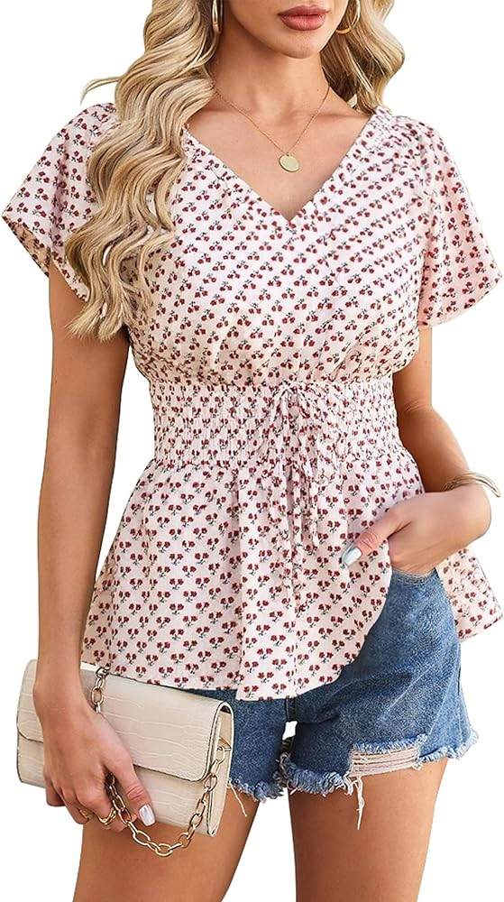 ECOWISH Peplum Tops for Women 2026 Summer Casual Short Sleeve Blouse Dressy V Neck Cinched Waist ... | Amazon (US)