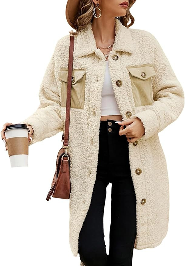 EVALESS Fuzzy Fleece Jackets for Women Fashion Long Sleeve Lapel Button Down Long Teddy Coat Faux... | Amazon (US)