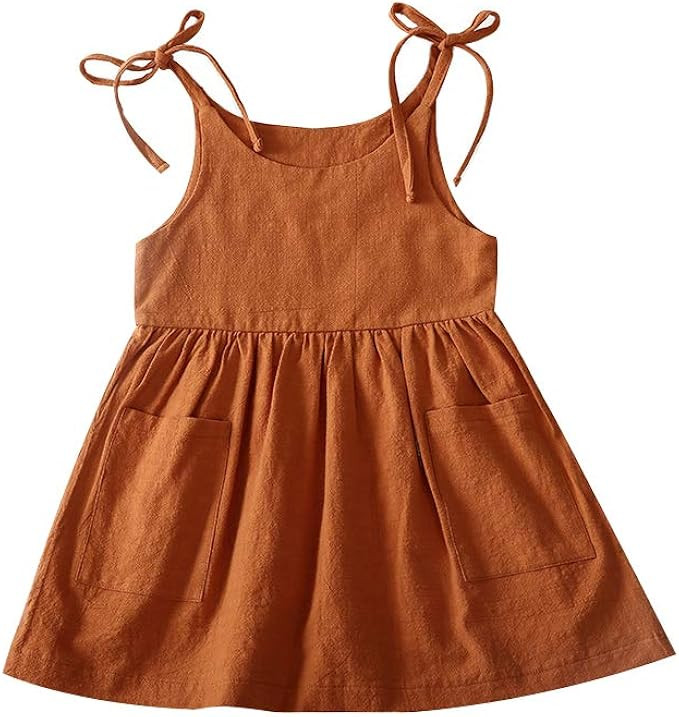 Amazon.com: IZYJOY Toddler Baby Girl Summer Cotton Linen White Dresses Bow Straps Sleeveless with... | Amazon (US)
