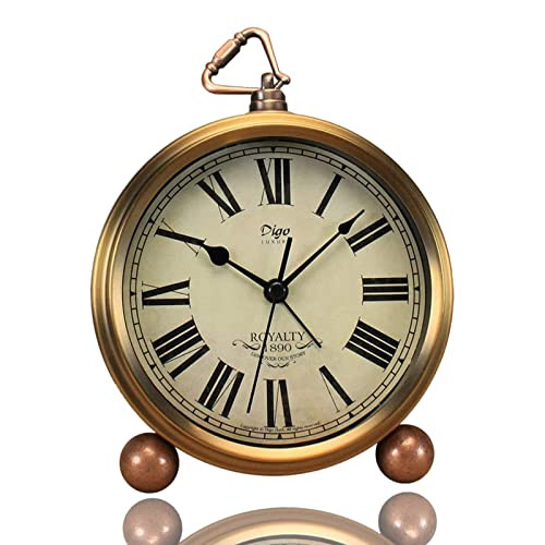 Justup Golden Table Clock, Retro Vintage Non-Ticking Table Desk Alarm Clock Battery Operated Silent Quartz Movement HD Glass for Bedroom Living Room Indoor Decoration Kids (Roman) | Amazon (US)