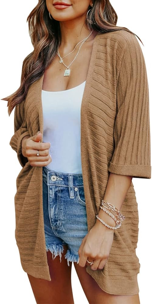 SHEWIN Womens Casual 3/4 Sleeve Open Front Lightweight Cable Knit Cardigan Sweaters | Amazon (US)