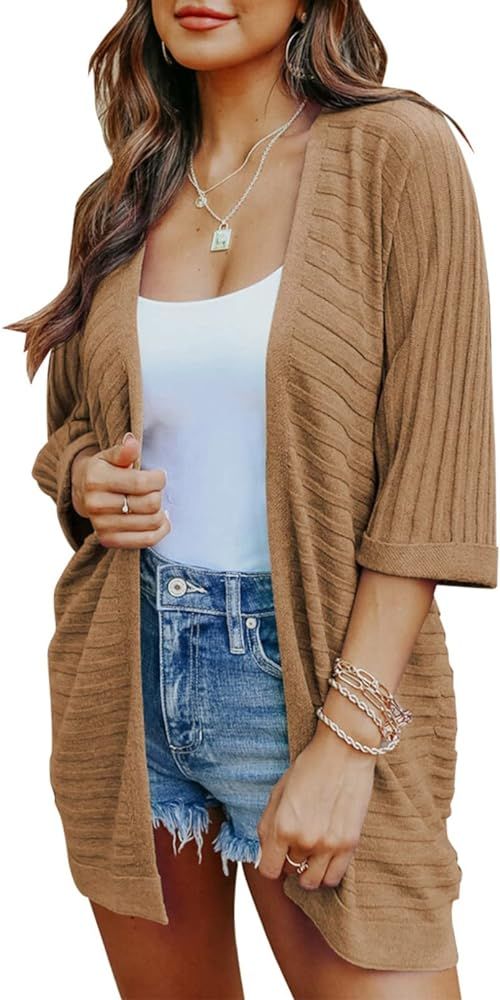 SHEWIN Womens Casual 3/4 Sleeve Open Front Lightweight Cable Knit Cardigan Sweaters | Amazon (US)