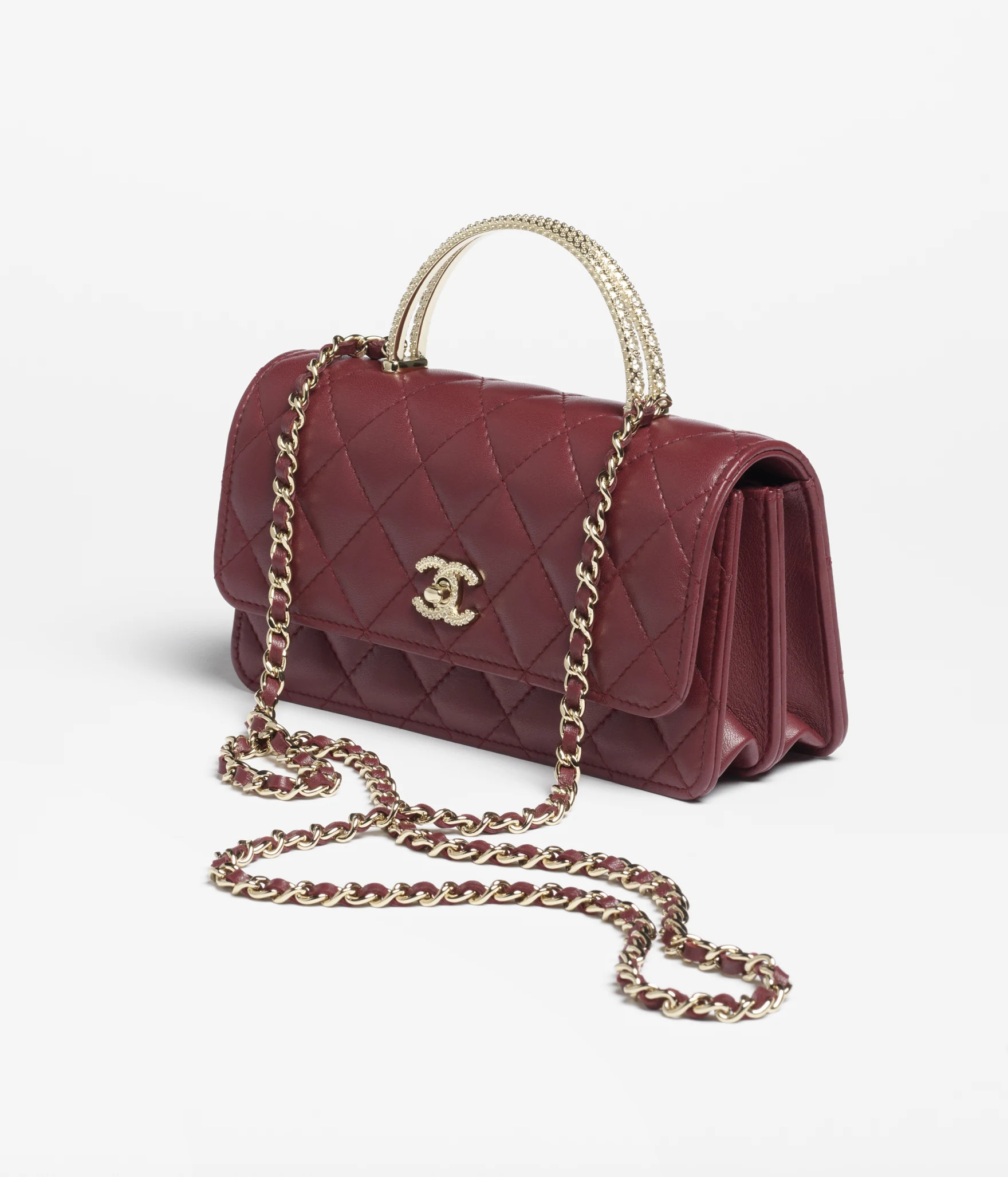 Clutch with chain - Lambskin, strass & gold-tone metal, burgundy — Fashion | CHANEL | Chanel, Inc. (US)