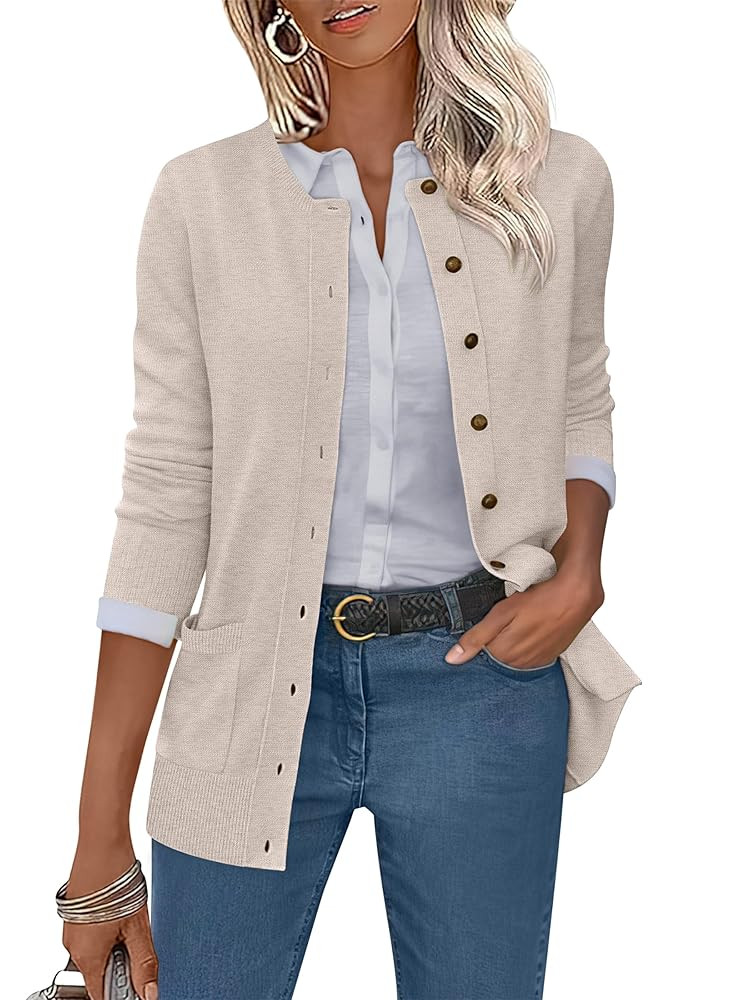 ANRABESS Women's Cardigans 2025 Fall Dressy Casual Long Sleeve Crewneck Button Down Open Front So... | Amazon (US)