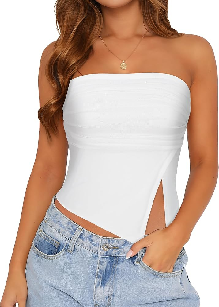 Tube Top Strapless Mesh Floral Crop Tops Asymmetrical Hem Ruched Bandeau Going Out Summer Sleevel... | Amazon (US)