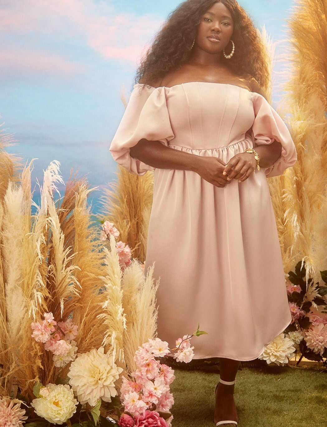 Off The Shoulder Satin with Puff Sleeve | Women's Plus Size Dresses | ELOQUII | Eloquii