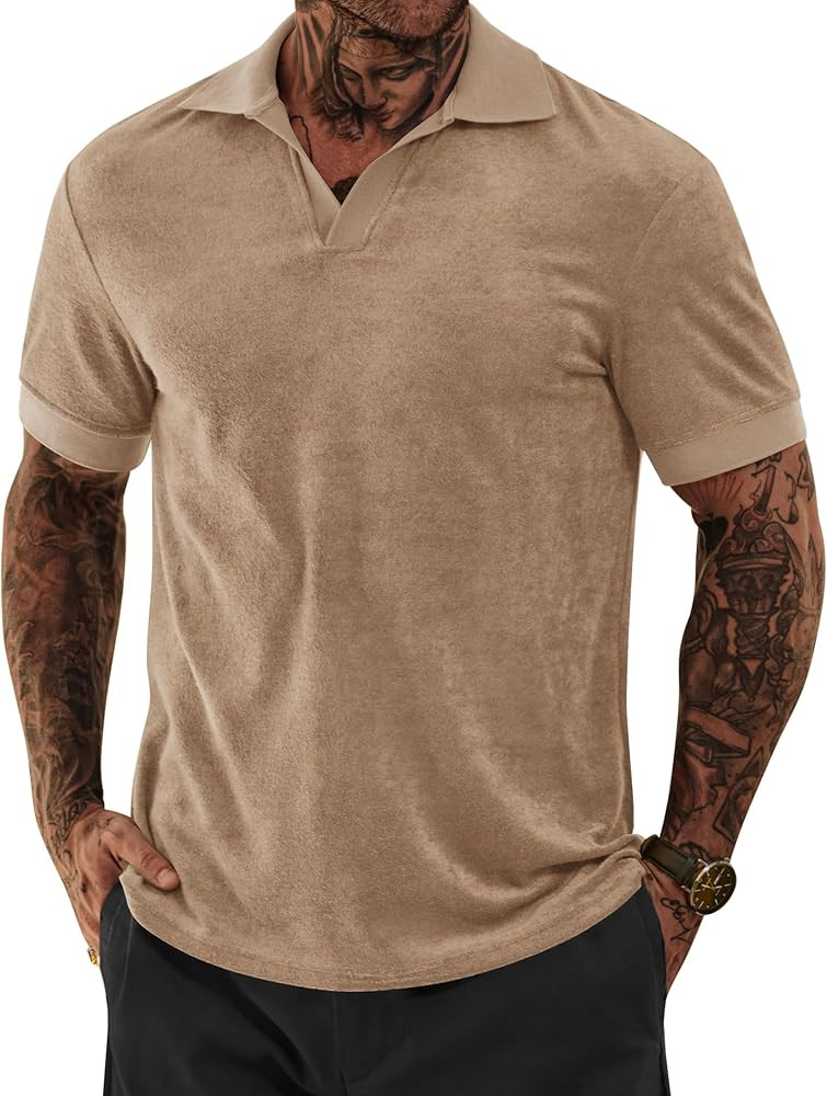 Mens Terry Polo Shirts Johnny Collar Casual Summer Short Sleeve Buttonless Shirt (S-XXL) | Amazon (US)