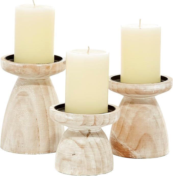 Deco 79 Wood Pillar Candle Holder with White Wash Finish, Set of 3 - 6", 5", 4"H, Brown | Amazon (US)