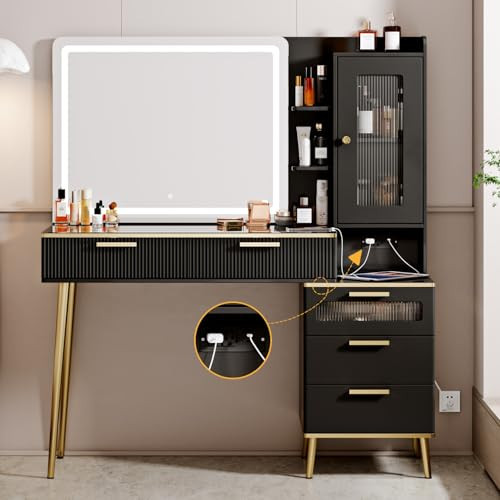 Arulvmrn 47.24" Big Modern Vanity Desk with Mirror and Lights, Vanity Desk with 29.53" HD Lighted Mirror, Makeup Vanity with 5 Drawers and Storage Shelves and Charging Station, Black2 | Amazon (US)