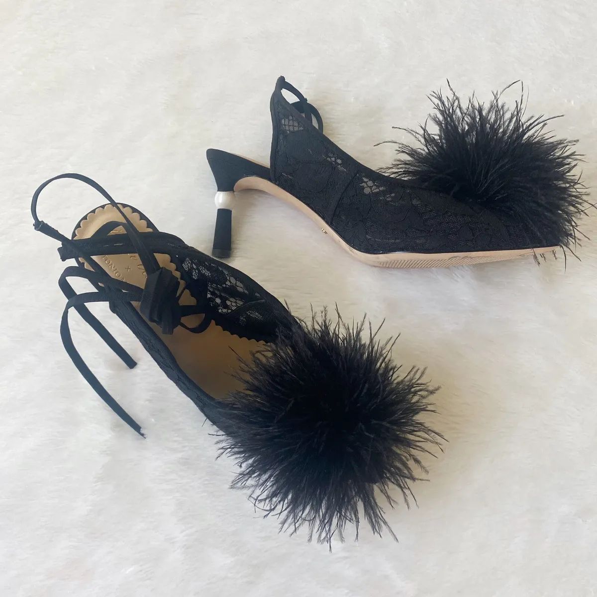 Nicola Bathie x Antonio Melani Claire Ostrich Feathers Pom Ankle Wrap Heels 6.5  | eBay | eBay US