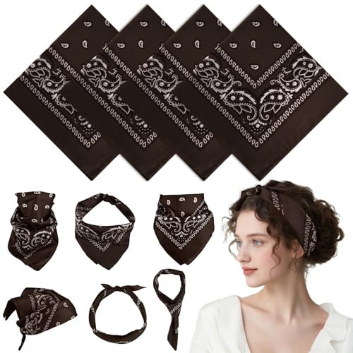 PLULON 4 Pack Brown Bandanas for Men Women, Paisley Pattern Bandana Bulk Headbands Men Handkerchief Cowboy Face Mask Square Scarf Headwear 100% Polyester | Amazon (US)