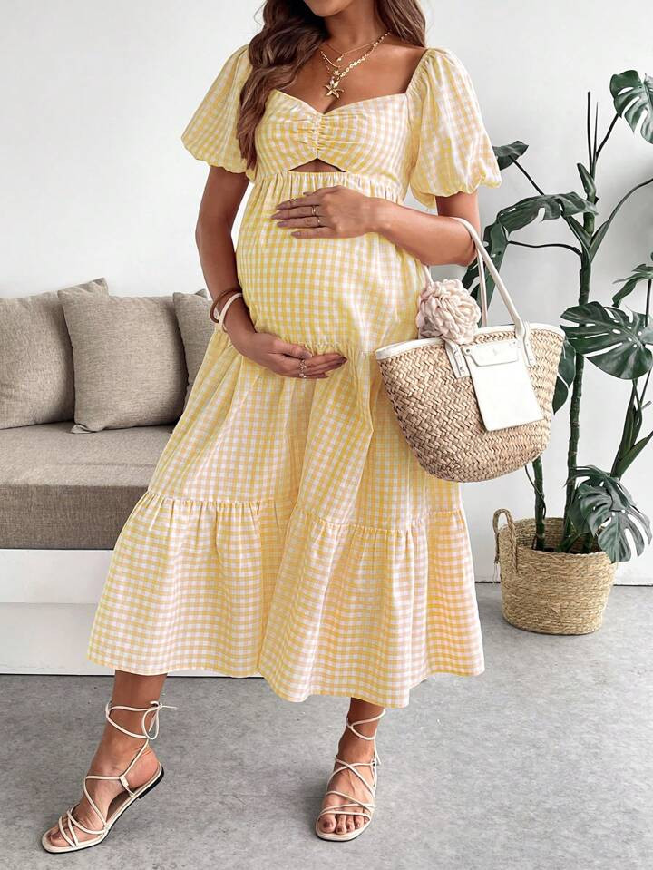 SHEIN Maternity Dress, For Baby Shower Party Maternity Dress Summer Maternity Dresses For Summer Maternity Summer Dresses Maternity Sets For Summer Maternity Gingham Dress Yellow Maternity Dress Maternity Midi Dress Summer Maternity Outfits | SHEIN