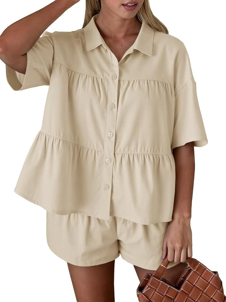Cicy Bell Womens 2 Piece Outfits Summer Pleated Button Down Shirts High Waisted Shorts Lounge Set... | Amazon (US)