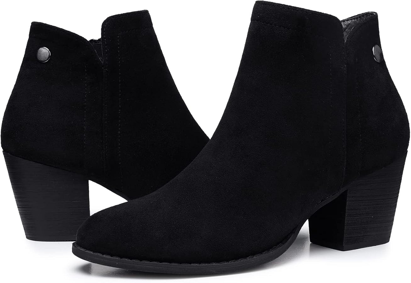 SHIBEVER Women's Ankle Boots Heel: Chunky Low Heeled Almond Toe Short Booties with Zipper Faux Su... | Amazon (US)