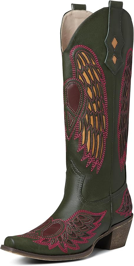 Knee High Cowboy Boots for Women Snip Toe Pull-on Embroidery Heart Mid Calf Western Boots Bridal ... | Amazon (US)