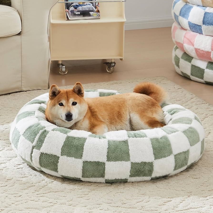 Checkered Dog Bed, Cute Sage Green Retro Style Aesthetic Round Warming Pet Calming Beds for Small... | Amazon (US)