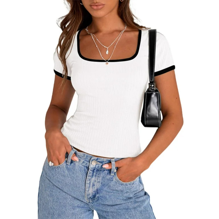 PRETTYGARDEN Women's Summer Short Sleeve T Shirts Ribbed Knit Square Neck Color Block Slim Fit Ba... | Walmart (US)
