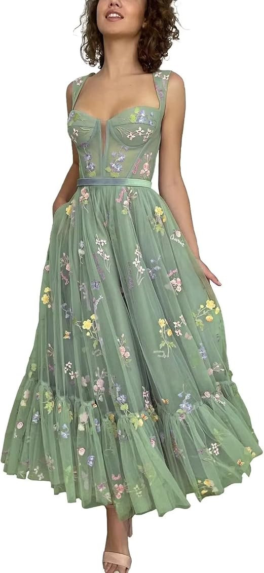Flower Embroidery Tulle Prom Dresses Puffy Sleeve A-line Formal Evening Party Ball Gowns Tea Leng... | Amazon (US)