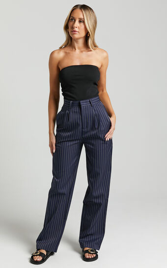 Iyah Pants - High Waisted Tailored Pants in Navy Pinstripe | Showpo (US, UK & Europe)