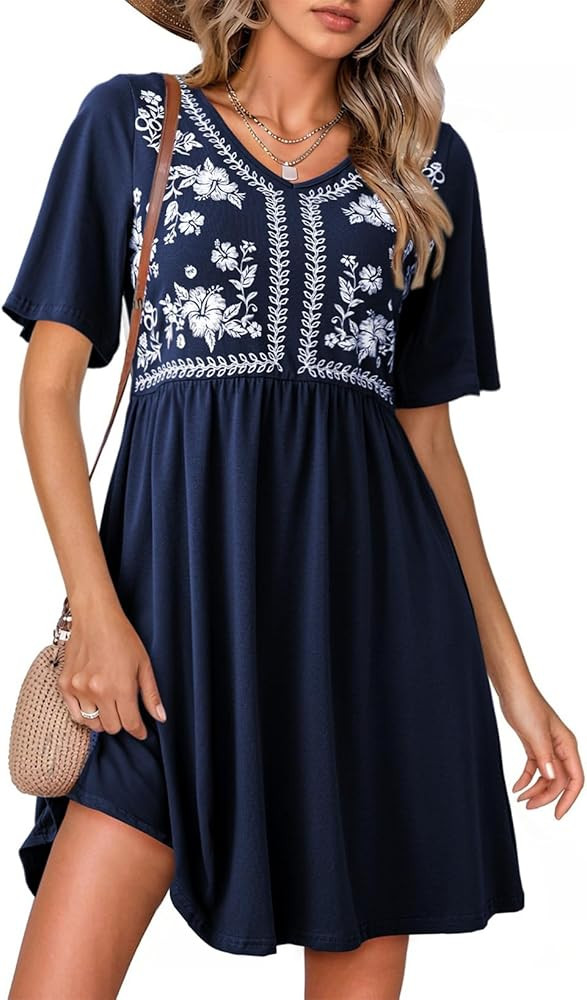 Dokotoo Womens Dresses Summer Casual V Neck Boho Floral Print Short Sleeve Babydoll Mini Dress A ... | Amazon (US)