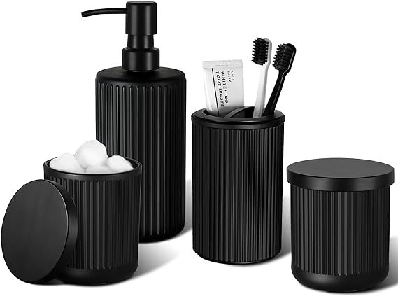 KASUNTING Matte Black Bathroom Accessories Set, 4 Pcs Glass Bathroom Accessory Set, Soap Dispense... | Amazon (US)