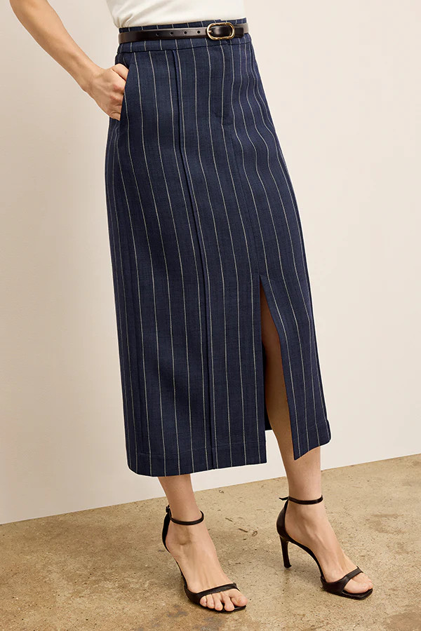 Meghan Midi Skirt - Woven Pinstripe :: Navy/Ivory | MM LaFleur