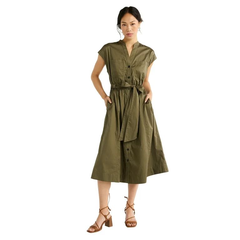 Free Assembly Women’s Belted Cotton Utility Midi Dress, Sizes XS-XXL | Walmart (US)