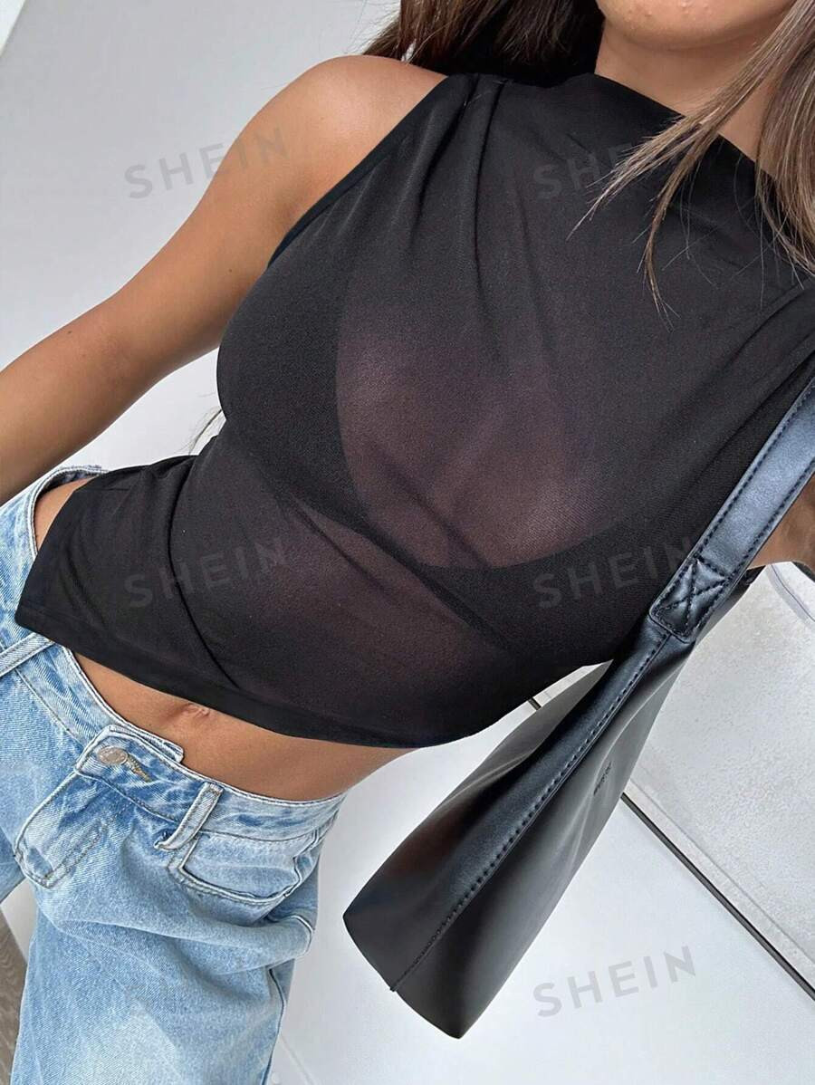 INAWLY Women's Summer Solid Color Stand Collar Mesh Asymmetrical Hem Tank Top | SHEIN