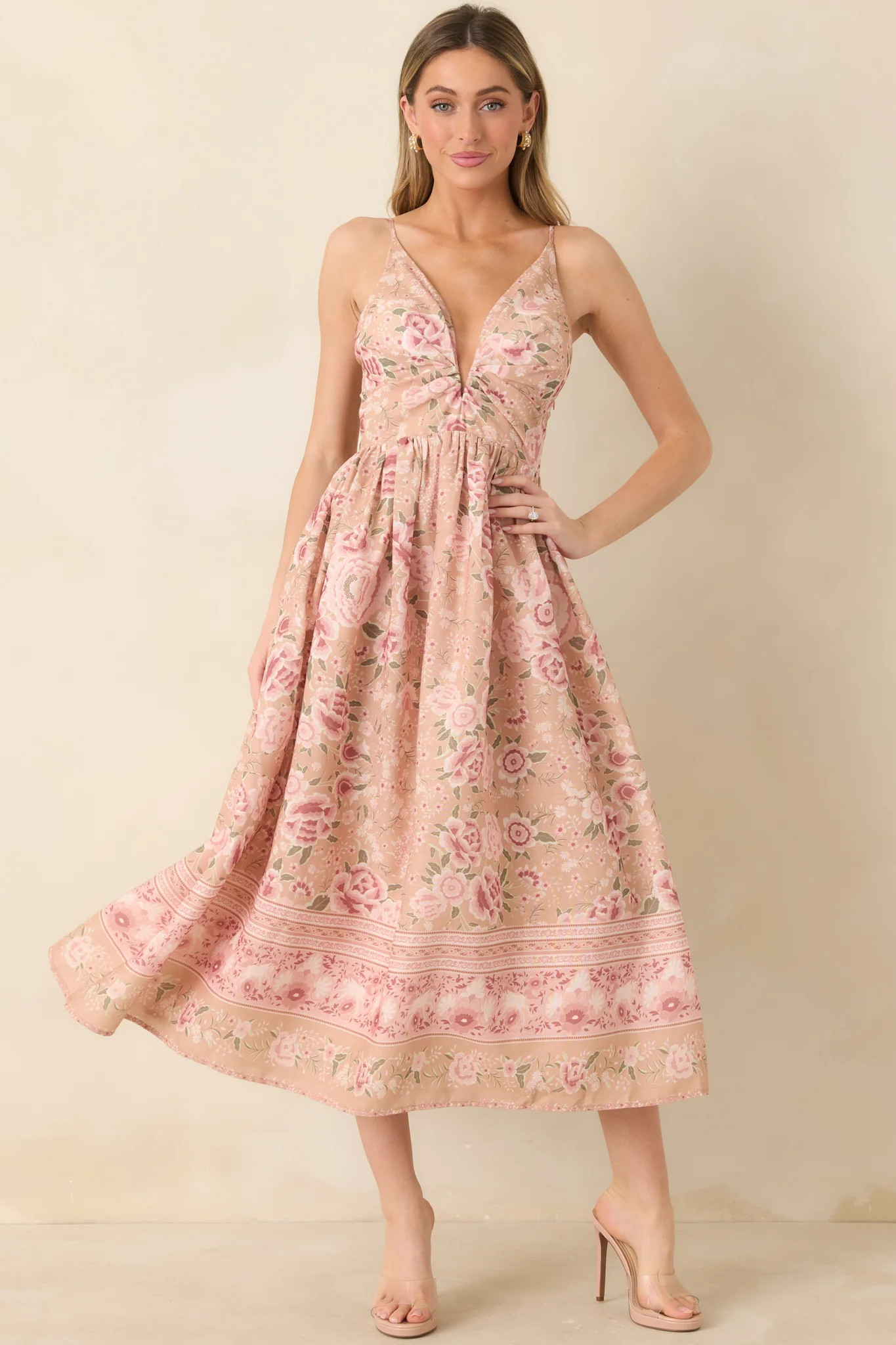 Totally in Love Beige & Pink Floral Deep V-Neck Midi Dress | Red Dress
