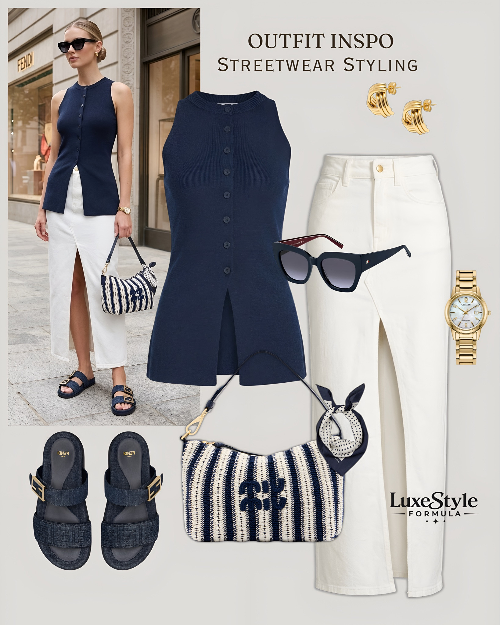 Street style doesn’t get more polished than this 🤍 

navy and white street style outfit, luxury streetwear women, quiet luxury casual outfit, white jeans summer styling, navy vest outfit ideas, elevated street style 2026, Fendi slides outfit, designer casual summer look, how to style white jeans, navy blue outfit women, chic street style inspiration, gold accessories outfit, minimalist street style women, luxury casual dressing, white denim outfit ideas, smart casual summer outfit, button vest styling, old money street style, navy white colour combination outfit, polished casual summer look , luxestyleformula

#LuxuryStreetStyle, #NavyAndWhiteOutfit, #PolishedCasualStyle, #WhiteJeansOutfit​​​​​​​​​​​​​​​​, #SummerCapsuleWardrobe 

#LTKootd #LTKSeasonal #LTKSaleAlert