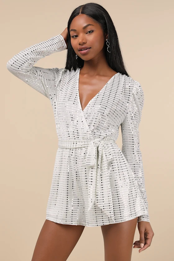 Bettie White Metallic Long Sleeve Romper | Lulus