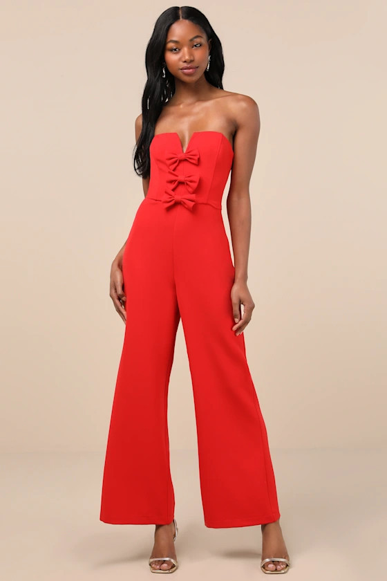 Opulent Outlook Red Bow Strapless Wide-Leg Jumpsuit | Lulus