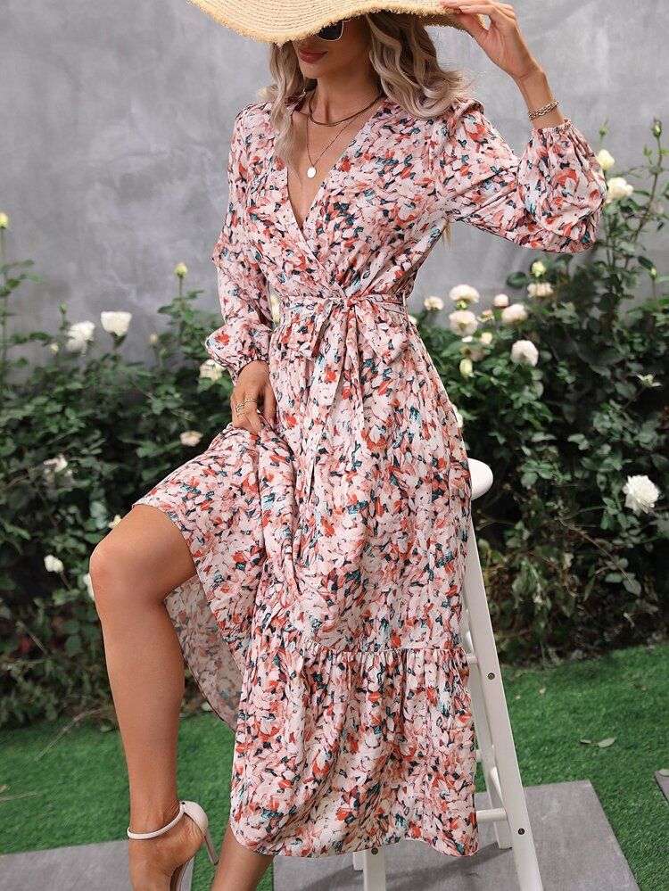 Allover Floral Print Lantern Sleeve Ruffle Hem Belted Dress | SHEIN