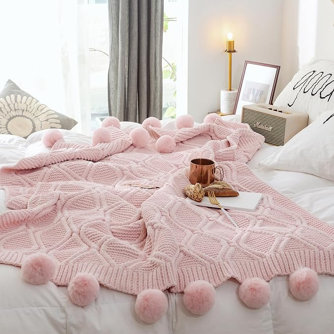 Soft Cozy Chenille Solid Pink Knit Throw Blanket with 16pcs Handmade Pom Poms Geometry Textured W... | Amazon (US)