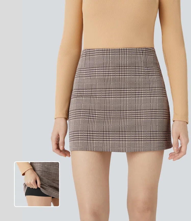Women’s High Waisted 2-in-1 Houndstooth Plaid Mini Work Skirt - Halara | HALARA