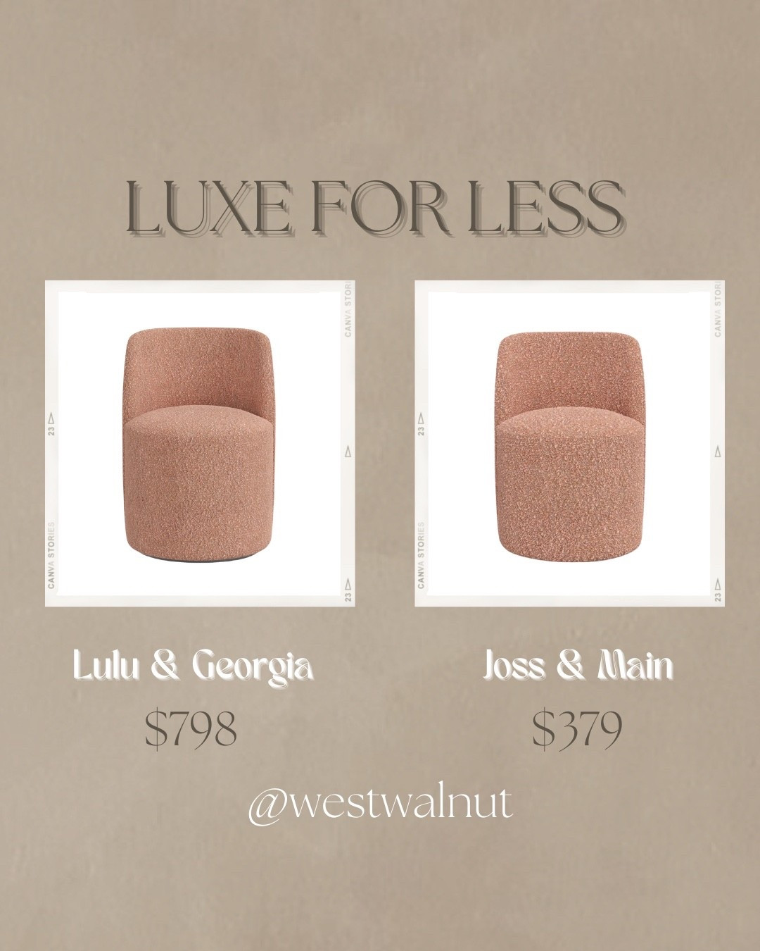 Blush Boucle Dining Chair Luxe For Less

On the left is the Mckay Swivel Dining Chair from Lulu & Georgia in Blush Luxe Boucle. This chair frame is made from Rubberwood and covered with a boucle fabric made of 56% Acrylic, 37% Cotton, 7% Polyester. 
Dimensions: 22"W x 24"D x 32"H

On the right is the Begonia Dining Chair from Joss & Main in Plush Blush Boucle. This chair frame is made from solid wood and upholstered with a boucle fabric. 
Dimensions: 22"W x 24"D x 32"H

#furnitureforless #budgetfriendlyfinds #furnituredupe #dupe #luxeforless #affordablefurniture #dupes #homeonabudget

#LTKHome