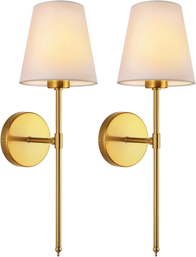 WimiSom Wall Sconces Sets of 2, Retro Industrial Wall Lamps, Bathroom Vanity Sconces Wall Lighting with White Fabric Shades, Suitable for Bedroom Living Room Kitchen Corridor (Gold) | Amazon (US)
