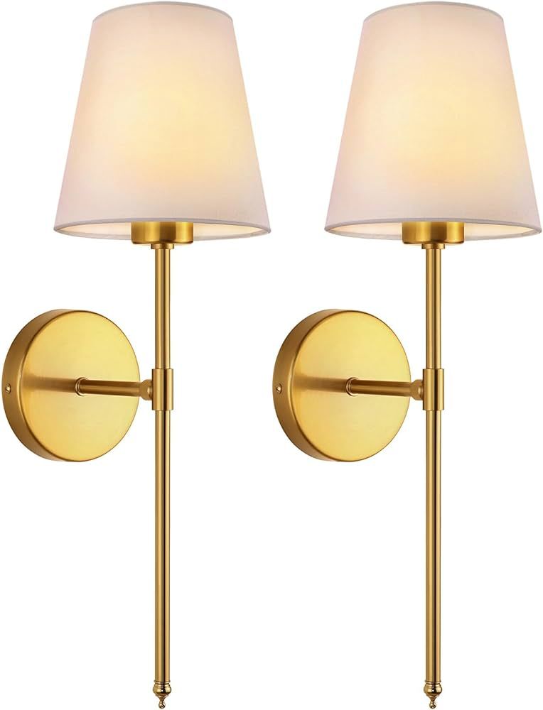 WimiSom Wall Sconces Sets of 2, Retro Industrial Wall Lamps, Bathroom Vanity Sconces Wall Lighting with White Fabric Shades, Suitable for Bedroom Living Room Kitchen Corridor (Gold) | Amazon (US)