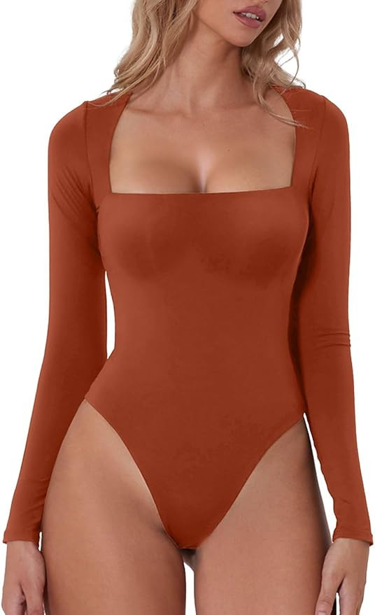 QINSEN Women's Sexy Square Neck Bodysuit Long Sleeve Double Lined Shirt Tops | Amazon (US)