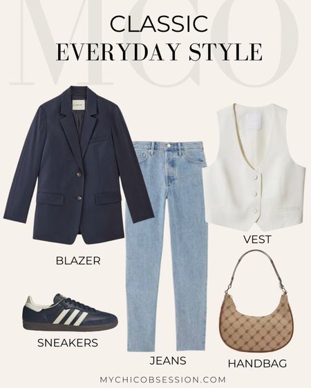 Let's chat about this classic, go-to everyday outfit combo: a sleek blazer thrown over a chic vest, paired with some lived-in jeans and casual sneakers. Finish it off with a cute handbag and you've got an effortlessly cool look that works for a variety of occasions, from brunch with your besties to a quick coffee date. This ensemble just screams laidback sophistication. The structured blazer adds a touch of polish while the distressed denim and sporty kicks keep things casual. Switch out the sneakers for some heels and you can easily take this look from day to night. 

#LTKstyletip #LTKSeasonal #LTKshoecrush