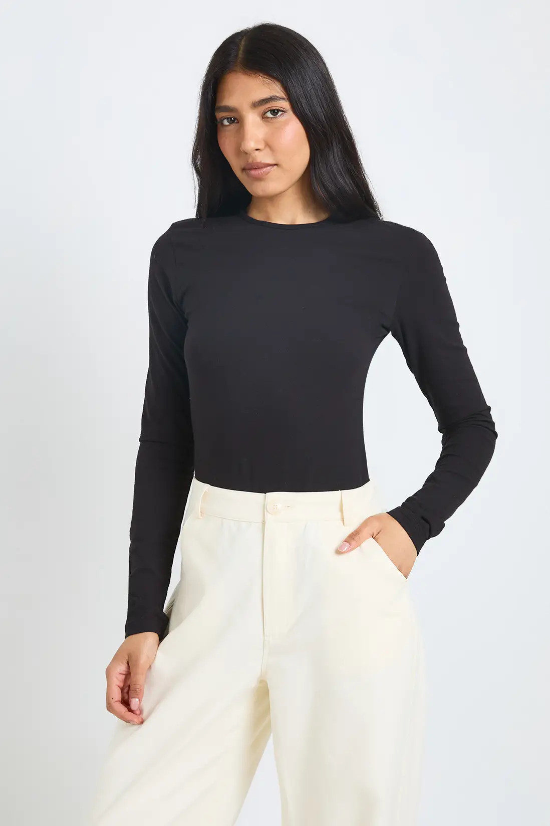 Black Tall Basic Long Sleeve Crew Neck Bodysuit | Boohoo USA | boohoo (US & Canada)
