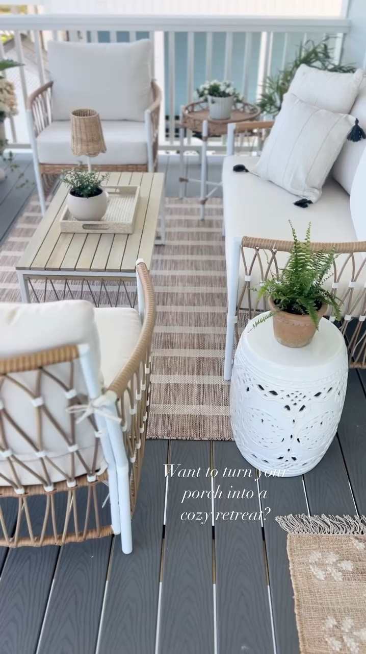 Create a welcoming outdoor space and a favorite spot for relaxation and gatherings by adding these things:

Comfy Seating: Plush chairs or a cozy outdoor sofa to relax on
Soft Cushions: Add throw pillows and cushions for extra comfort
Side tables: for drinks, snacks, and a book 
Outdoor rug: To define the space and add warmth 
Plants: greenery and flowers bring life to your porch with plants 

Remember, the key is to create a space that feels inviting and reflects your personality, making it a place you’ll want to spend time in. 

#LTKhome #LTKstyletip

#LTKSeasonal