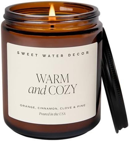 Sweet Water Decor Warm & Cozy Candle, 9oz Amber Glass Jar, Winter Scents | Cozy Scented Candle wi... | Amazon (US)