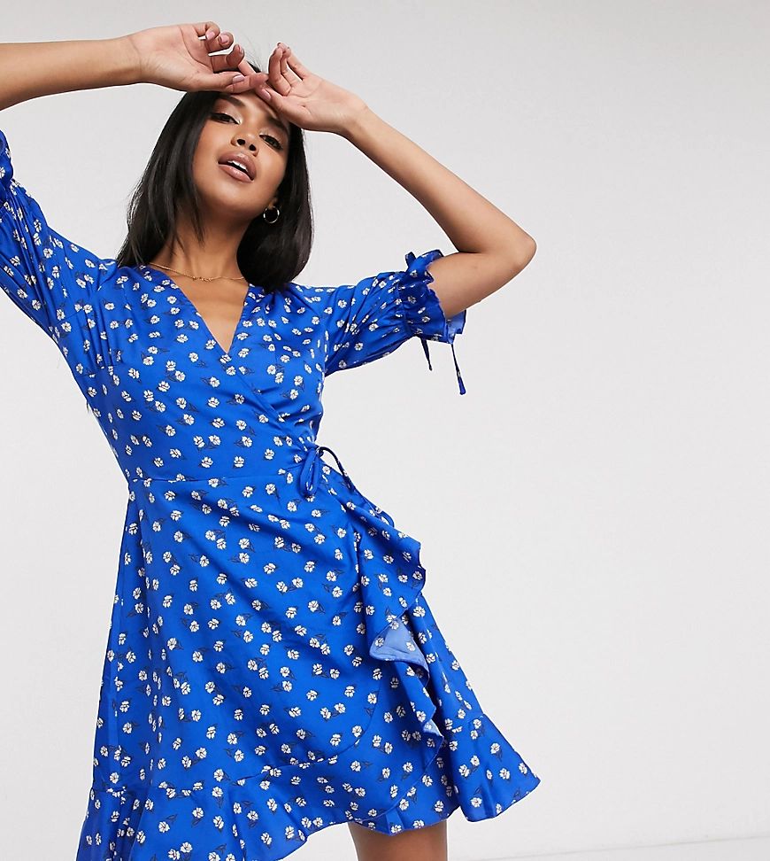 Wednesday's Girl mini wrap dress with tie sleeves in ditsy floral-Blue | ASOS (Global)