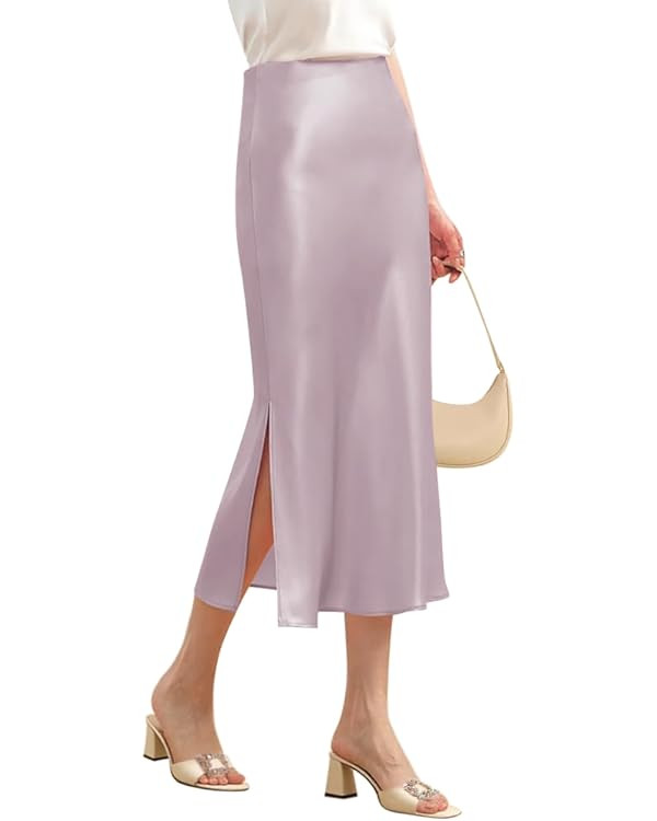 Women Elegant Daily Satin A-Line Side Slit Midi Skirt Elastic Waistband with Side Zipper | Amazon (US)