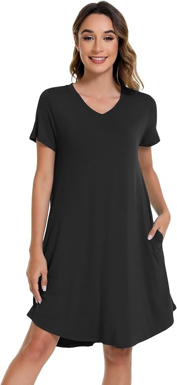 WiWi Viscose from Bamboo Nightgowns for Women Short Sleeve Pajama Dress V-neck Summer Night Shirt... | Amazon (US)